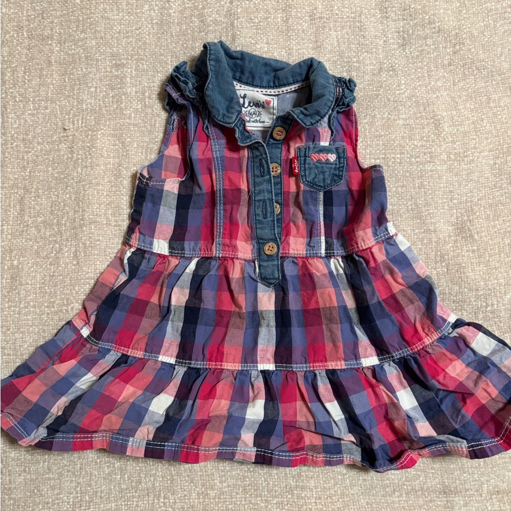 Levi's Blue & Pink Plaid Tiered Ruffle Collar Dress